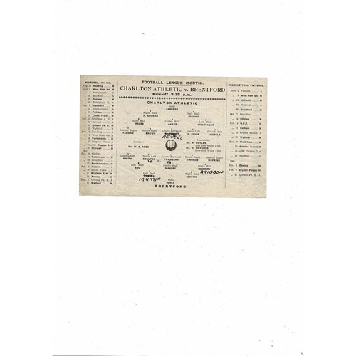 1944/45 Charlton Athletic v Brentford Football Programme