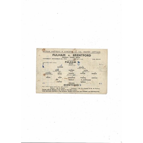 1944/45 Fulham v Brentford Football Programme