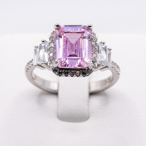 Tycoon cut pink zirconia gem stone set on rhodium plated 925 sterling silver ring
