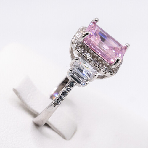 Tycoon cut pink zirconia gem stone set on rhodium plated 925 sterling silver ring