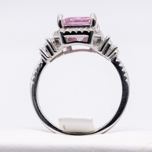Tycoon cut pink zirconia gem stone set on rhodium plated 925 sterling silver ring