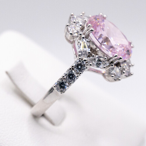 Pink moissanite gem stone set on rhodium plated 925 sterling silver ring