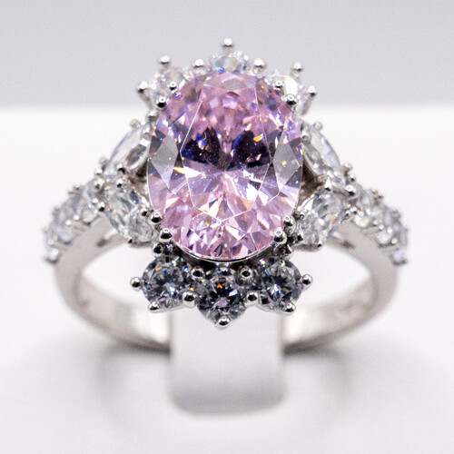 Pink moissanite gem stone set on rhodium plated 925 sterling silver ring