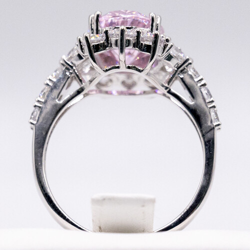 Pink moissanite gem stone set on rhodium plated 925 sterling silver ring