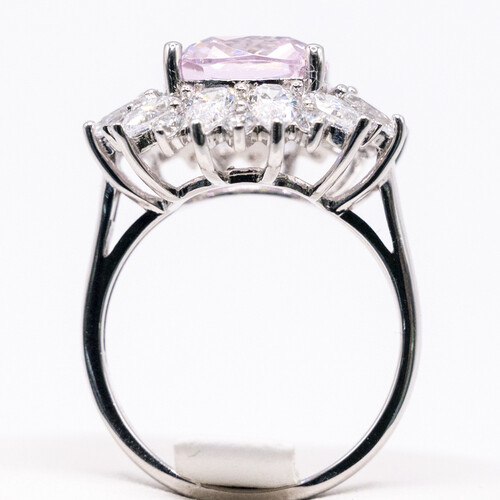 Pink Moissanite stone set on rhodium plated 925 Sterling Silver Ring