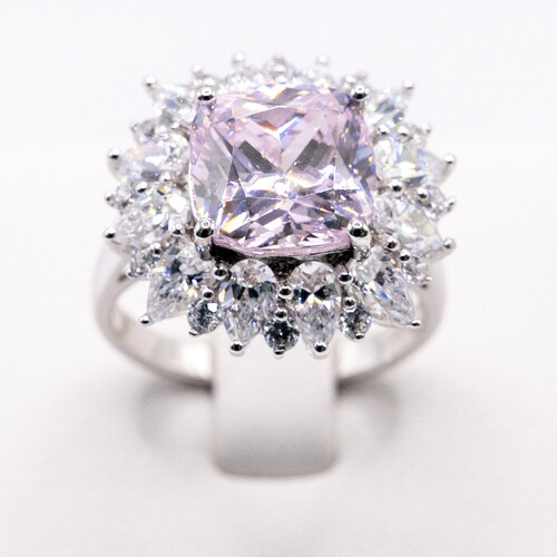 Pink Moissanite stone set on rhodium plated 925 Sterling Silver Ring