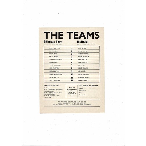 1977 Billericay Town v Sheffield FC FA Vase Final Replay Football Programme