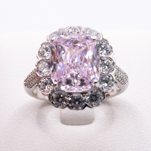 Pink Moissanite stone set on rhodium plated 925 Sterling Silver Ring