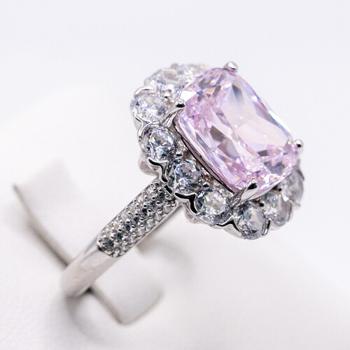Pink Moissanite stone set on rhodium plated 925 Sterling Silver Ring
