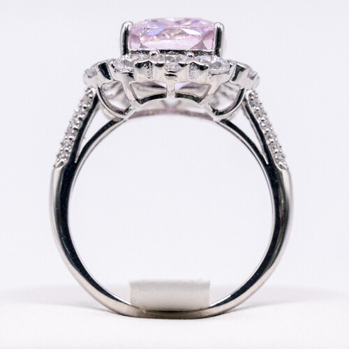 Pink Moissanite stone set on rhodium plated 925 Sterling Silver Ring