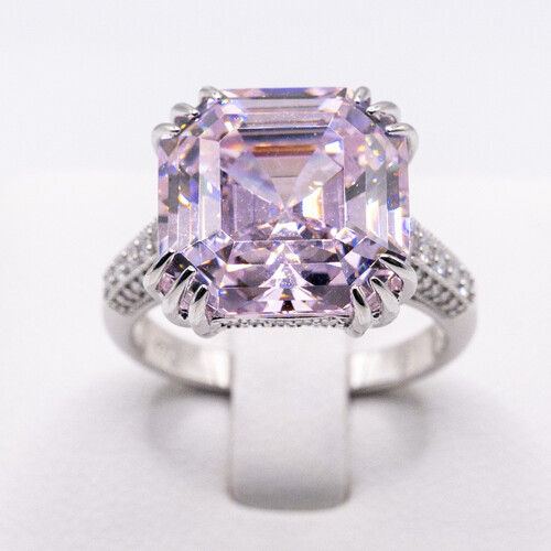 Pink Moissanite stone set on rhodium plated 925 Sterling Silver Ring