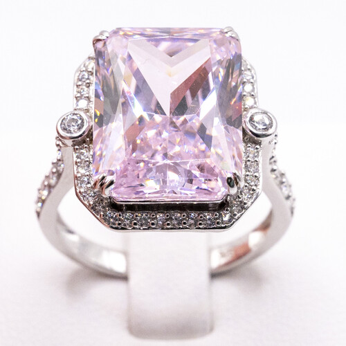 Border set pink Moissanite stone set on rhodium plated 925 Sterling Silver Ring