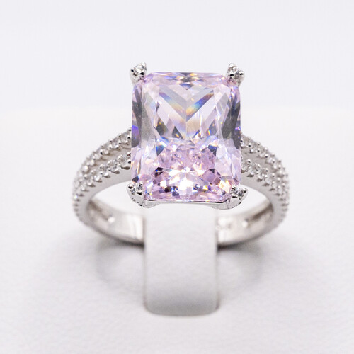 Solitaire pink moissanite stone set on rhodium plated 925 Sterling Silver Ring