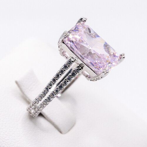 Solitaire pink moissanite stone set on rhodium plated 925 Sterling Silver Ring