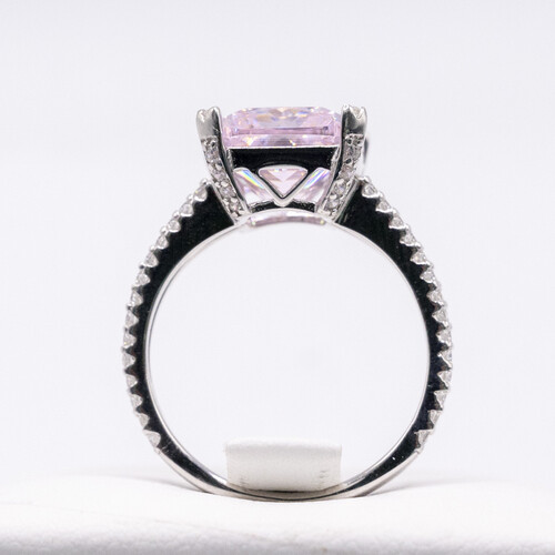 Solitaire pink moissanite stone set on rhodium plated 925 Sterling Silver Ring