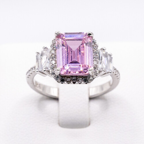 Tycoon cut pink zirconia gem stone set on rhodium plated 925 sterling silver ring