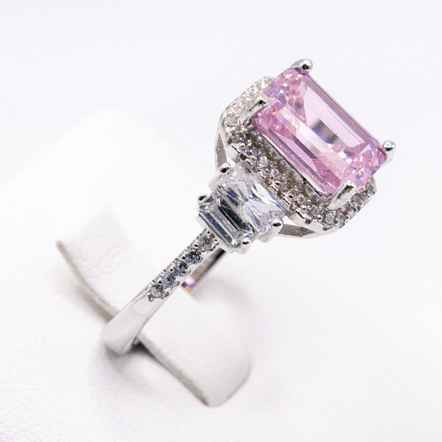 Tycoon cut pink zirconia gem stone set on rhodium plated 925 sterling silver ring