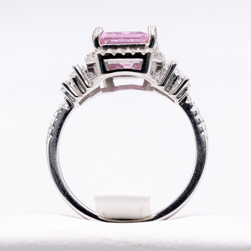 Tycoon cut pink zirconia gem stone set on rhodium plated 925 sterling silver ring