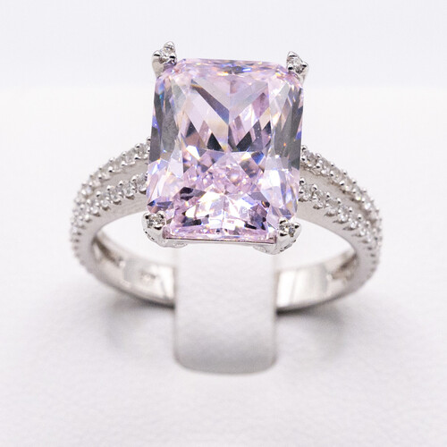 Solitaire pink moissanite stone set on rhodium plated 925 Sterling Silver Ring