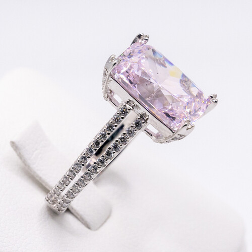 Solitaire pink moissanite stone set on rhodium plated 925 Sterling Silver Ring