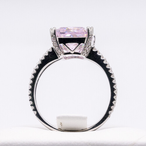 Solitaire pink moissanite stone set on rhodium plated 925 Sterling Silver Ring