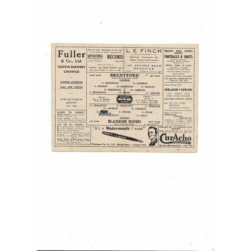 1948/49 Brentford v Blackburn Rovers Football Programme