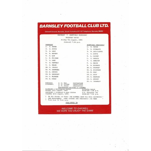 Barnsley v Sheffield Wednesday Friendly Football Programme 1985/86
