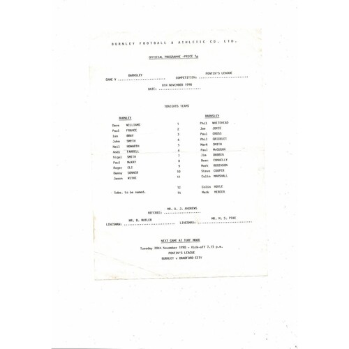 Burnley v Barnsley Pontin's League Football Programme 1990/91