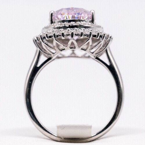 Pink Moissanite stone set on Rhodium plated 925 Sterling Silver Ring