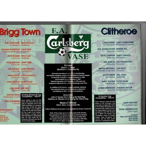 1996 Brigg Town v Clitheroe FA Vase Final Football Programme, Ticket, Team Sheet, Stat Sheet