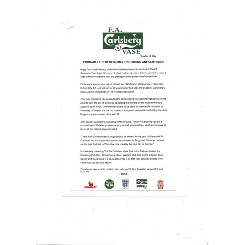 1996 Brigg Town v Clitheroe FA Vase Final Football Programme, Ticket, Team Sheet, Stat Sheet