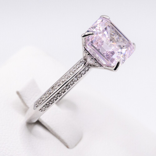 Pink Moissanite stone set on rhodium plated 925 Sterling Silver Ring