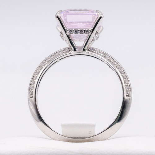 Pink Moissanite stone set on rhodium plated 925 Sterling Silver Ring