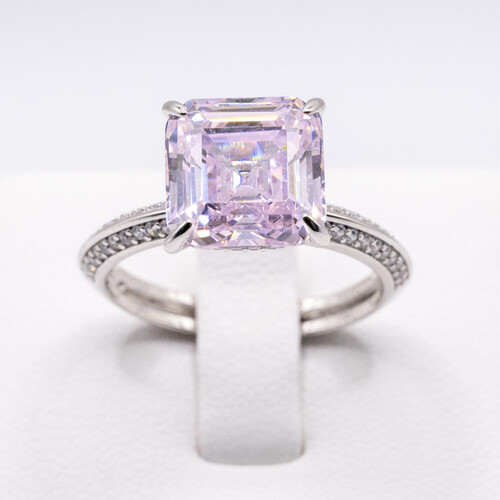 Pink Moissanite stone set on rhodium plated 925 Sterling Silver Ring