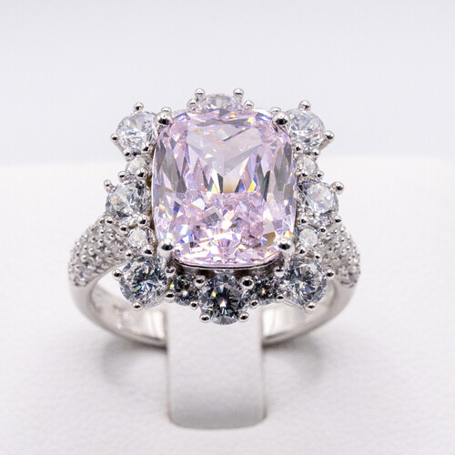 Pink Moissanite stone set on rhodium plated 925 Sterling Silver Ring