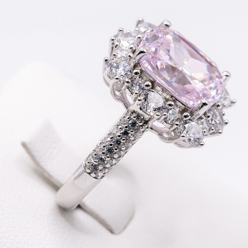 Pink Moissanite stone set on rhodium plated 925 Sterling Silver Ring
