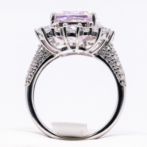 Pink Moissanite stone set on rhodium plated 925 Sterling Silver Ring