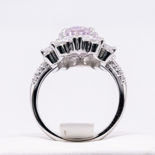 Pink moissanite stone set on rhodium plated 925 sterling silver ring