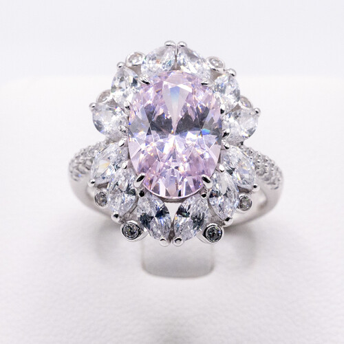 Pink moissanite stone set on rhodium plated 925 sterling silver ring
