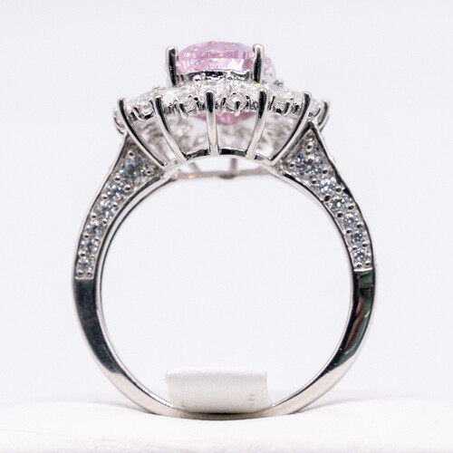 Pink moissanite stone set on rhodium plated 925 sterling silver ring
