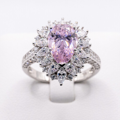 Pink moissanite stone set on rhodium plated 925 sterling silver ring
