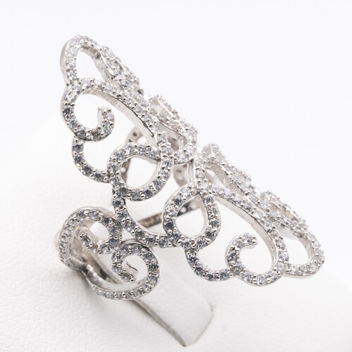 Wide scroll filigree design multi paved zirconia set on 925 sterling silver ring
