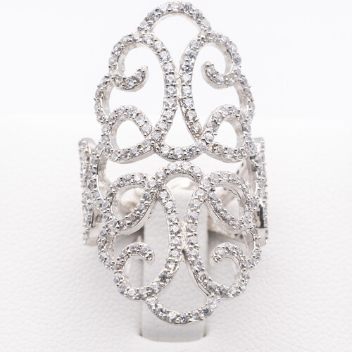 Wide scroll filigree design multi paved zirconia set on 925 sterling silver ring