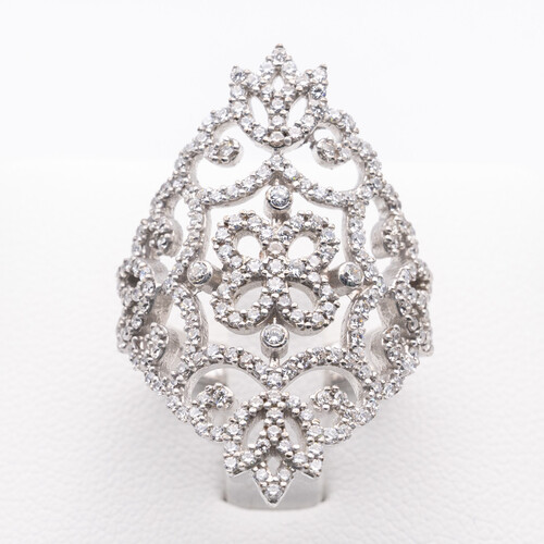 Wide scroll filigree design multi paved zirconia set on 925 sterling silver ring