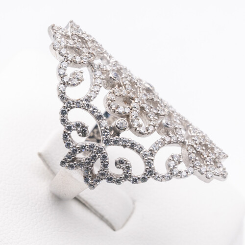 Wide scroll filigree design multi paved zirconia set on 925 sterling silver ring