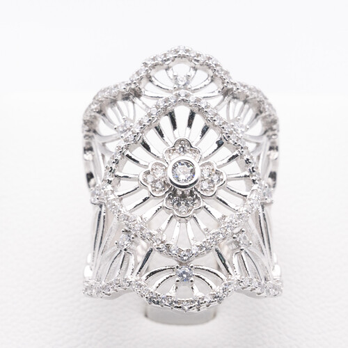 Wide scroll filigree design multi paved zirconia set on 925 sterling silver ring