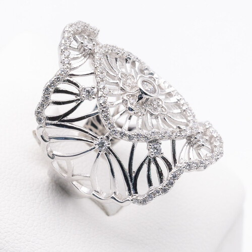 Wide scroll filigree design multi paved zirconia set on 925 sterling silver ring