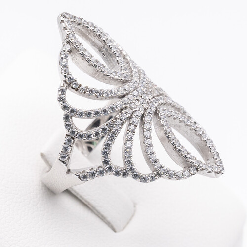 Wide scroll filigree design multi paved zirconia set on 925 sterling silver ring