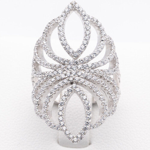 Wide scroll filigree design multi paved zirconia set on 925 sterling silver ring