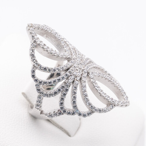 Wide scroll filigree design multi paved zirconia set on 925 sterling silver ring